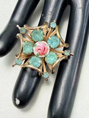 Vintage Romantic Floral Starburst Brooch Blue Rhinestones Enamel Center